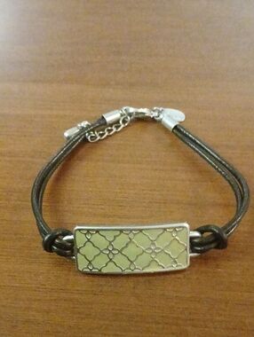 Lia Sophia Leather Cord Bracelet with Silver-Tone Green Filigree Plate - Black